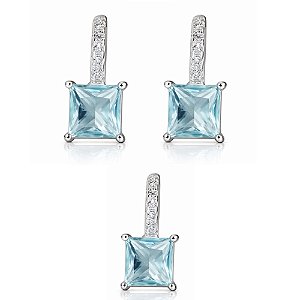 Conjunto Brinco e Pingente Água Marinha de Prata 925