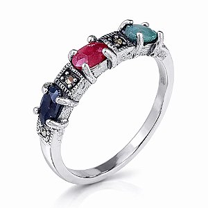 Anel Aliança Rubi / Quartzo Verde / Hematita Prata 925