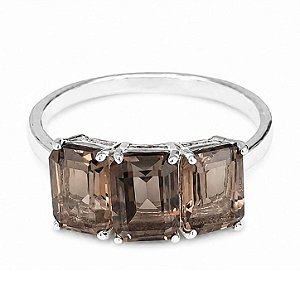 Anel Quartzo Fumê Três Pedras de Prata 925