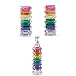 Conjunto Brinco e Pingente Colorido de Prata 925