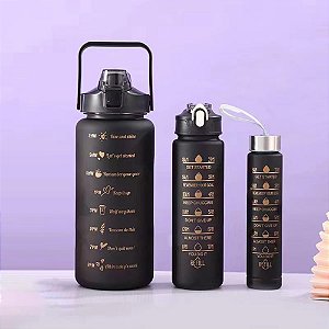 Kit Garrafa Motivacional Squeeze Cor Preto- 03 Peças