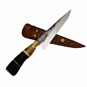 Faca Artesanal Lâmina em Aço Carbono 7" Rustica Brute Forge Cabo em Chifre e Madeira