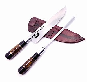 Faca Personalizada Inox 8" Cabo Chifre Mad. c/ Chaira Bainha