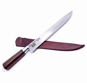 Faca Artesanal Personalizada Lâmina Aço Carbono 10" Cabo em Madeira Oitavado com Bainha em Couro