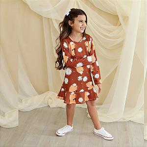 Vestido feminino infantil manga longa capivara