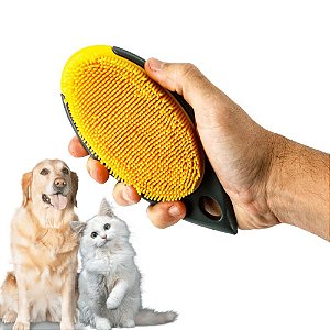 Escova Tira Pelo Removedor Silicone Cachorro Gato Limpeza Amarela Cerdas Longas Cabo Firme