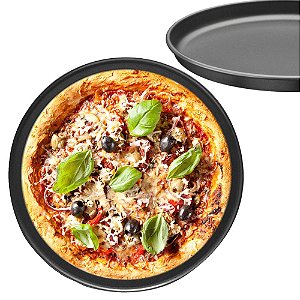 Forma Pizza Assadeira Redonda Antiaderente 35 x 1,5cm Aço Carbono Resistente Cozinha