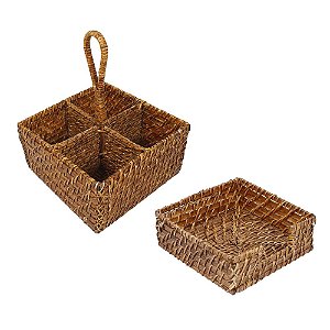 Kit Porta Talher Porta Guardanapo Rattan Bambu Natural Rustico Quadrado Marrom Mesa