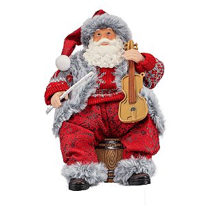 Boneco Papai Noel 23cm Resina Sentado Violinista Vermelho Decoracao Natalina Premium