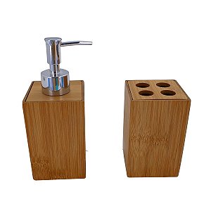 Kit Acessorios Banheiro Lavabo Bambu 2 Peças Dispenser Sabonete Porta Escovas Ecologico Higienico