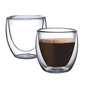 Jogo 2 Copo Parede Dupla 80ml Vidro Borosilicato Café Espresso Expresso Mantem Temperatura