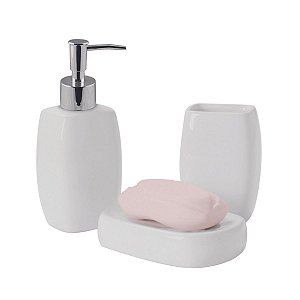 Kit Acessorios Banheiro Lavabo Porcelana Branca 3 Peças Saboneteira Porta Escova Dispenser