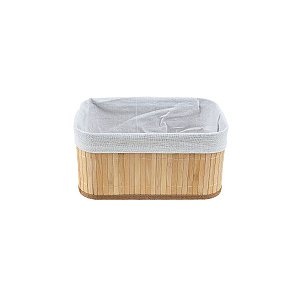 Caixa Cesto Retangular Em Bambu Natural com Tecido Linho 24 x 14cm Organização Casa Premium