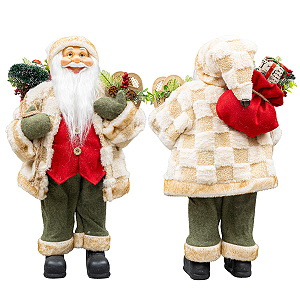 Papai Noel Decoracao Natal 40cm Casaco Pele Colete Vermelho Enfeite Natalino Premium