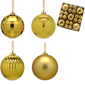 Conjunto 37 Bolas Para Arvore Natal Dourado Brilhante Fosco Relevo Enfeite Natalino Premium