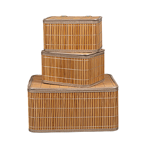 Conjunto 3 Caixa Cesto Organizador Retangular Bambu Tampa 23 36cm Marrom Decoração Casa Premium