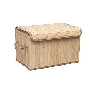 Caixa Organizadora Bambu Natural Forrada Com Tampa Cesto Armazenamento Retangular 32x20cm