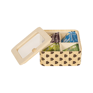 Porta Objeto Bambu Caixa Quadrado com Tampa Transparente Multiuso 4 Divisorias 15x6cm