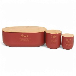 Conjunto 3 Porta Mantimento Aço Galvanizado Tampa Bambu Pao Açucar Café Vermelho Moderno Decorativo