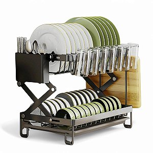 Escorredor de Louça 2 Andares Expansivel Metal Preto Prato Talher Copo Tabua Cozinha