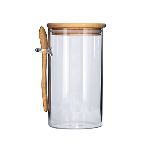 Pote de Vidro Com Tampa Hermética e Colher de Bambu 870ml Redondo Condimentos Açúcar Café Chá
