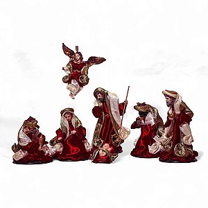 Presepio de Natal 9 Figuras Resina Seda Verde Vermelho Decoracao Natalina Premium