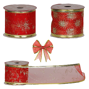 Fita Decorativa Aramada Vermelho Estampas 9m x 6cm Enfeite Natalino Decoração Premium