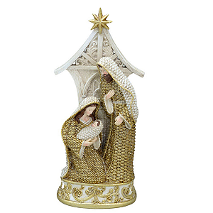 Sagrada Família Resina Dourada Imagem Jesus 44cm Estrela Presepio Decoracao Natal Premium