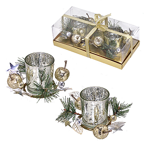 Conjunto 2 Candelabros Natalinos Prata Prateado Vela Castiçal Decoracao de Natal Premium