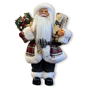 Papai Noel Boneco Enfeite de Natal 30cm Casaco Xadrez Calça Cinza Decoracao Natalina Premium