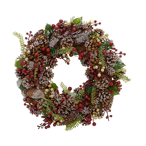 Guirlanda Decorada Pinha Nevada Frutinhas 40cm Efeite Natal Porta Decoracao Natalina