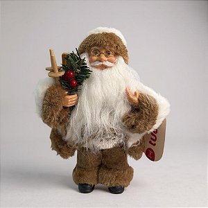 Papai Noel Esqui Casaco Pelucia Marrom Branco 23cm Decoracao Natal Premium