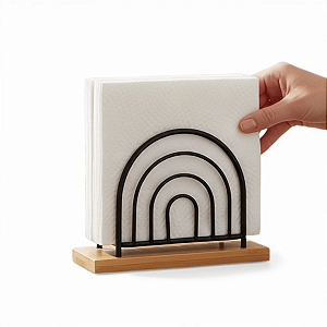Porta Guardanapo Metal e  Bambu 13x10cm Suporte Cozinha Mesa