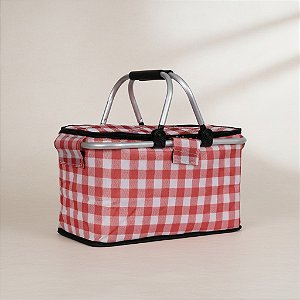 Cesta Para Piquenique 40x22cm Termica Xadrez Vichy Alças e Estrutura Tubo em Aluminio