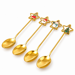 Jogo 4 Colher de Sobremesa Inox 15cm Cabo Figuras Natalinas Dourado Caixa Mesa Posta Premium