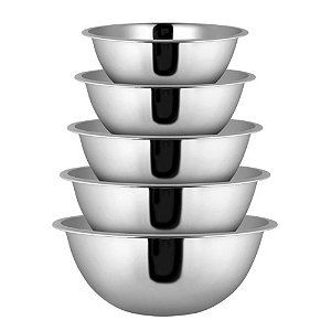 Conjunto 05 Bowls Tigelas em Aço Inoxidável Prata Cozinha Completa Funcional Multiuso