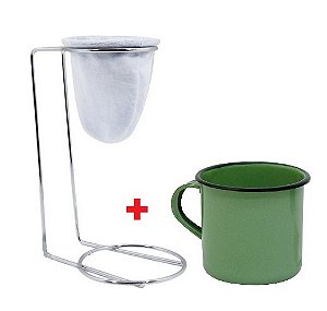 Mini suporte com coador de café invidual + caneca esmaltada verde Nº 6 - Kit com 10 conjuntos