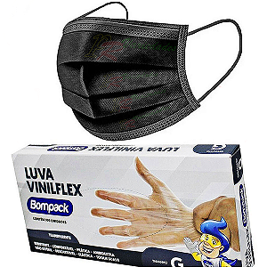 Kit Mascara Descartável Preta+ Luva Vinil Transparente G