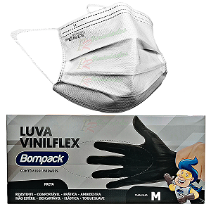 Kit Cirurgico Mascara Descartável Branca+ Luva Vinil Preta M