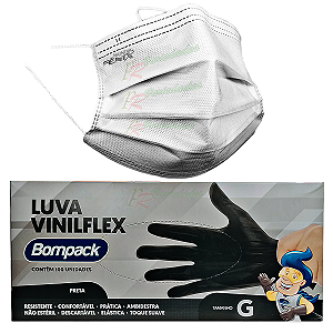 Mascara Tripla Camada Descartável Branca+ Luva Vinil Preta G