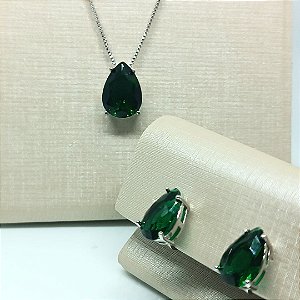 Conjunto Elegância Esmeralda - Brinco e Colar de Zircônia Verde Translúcida Prateado