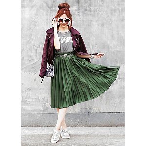 saia plissada midi verde militar