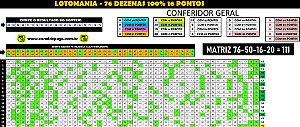 Planilha Lotomania - Fechamento 76 Dezenas com 100% 16 Pontos