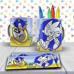 Kit Caneca para pintar Sonic + Jogo de canetinhas Laváveis