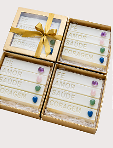 KiIT 4 VELAS INTENÇÕES | KIT 04 MINI CRISTAIS | CAIXA DOURADA VISOR