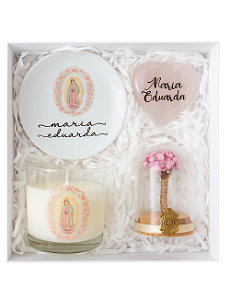 GIFT BOX GUADALUPE | VELA E PORTA JOIAS AMETISTA | CORAÇÃO QUARTZO ROSA | MINI REDOMA