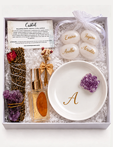 GIFT BOX BOAS ENERGIAS PARA ENSINAR | AROMATIZADOR | PORTA-JOIAS DRUSA DE AMETISTA | PERSONALIZADO