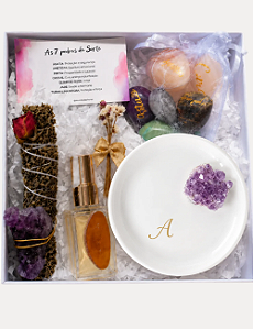GIFT BOX BOAS ENERGIAS | AROMATIZADOR / PORTA-JOIAS DRUSA DE AMETISTA | KIT 07 PEDRAS DA SORTE | PERSONALIZADO