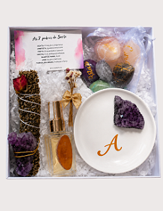 GIFT BOX BOAS ENERGIAS | AROMATIZADOR / PORTA-JOIAS DRUSA DE AMETISTA | KIT 07 PEDRAS DA SORTE