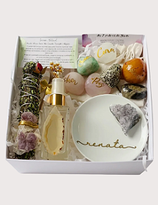 GIFT BOX BOAS ENERGIAS | AROMATIZADOR / PORTA-JOIAS DRUSA DE AMETISTA | KIT 07 PEDRAS DA SORTE